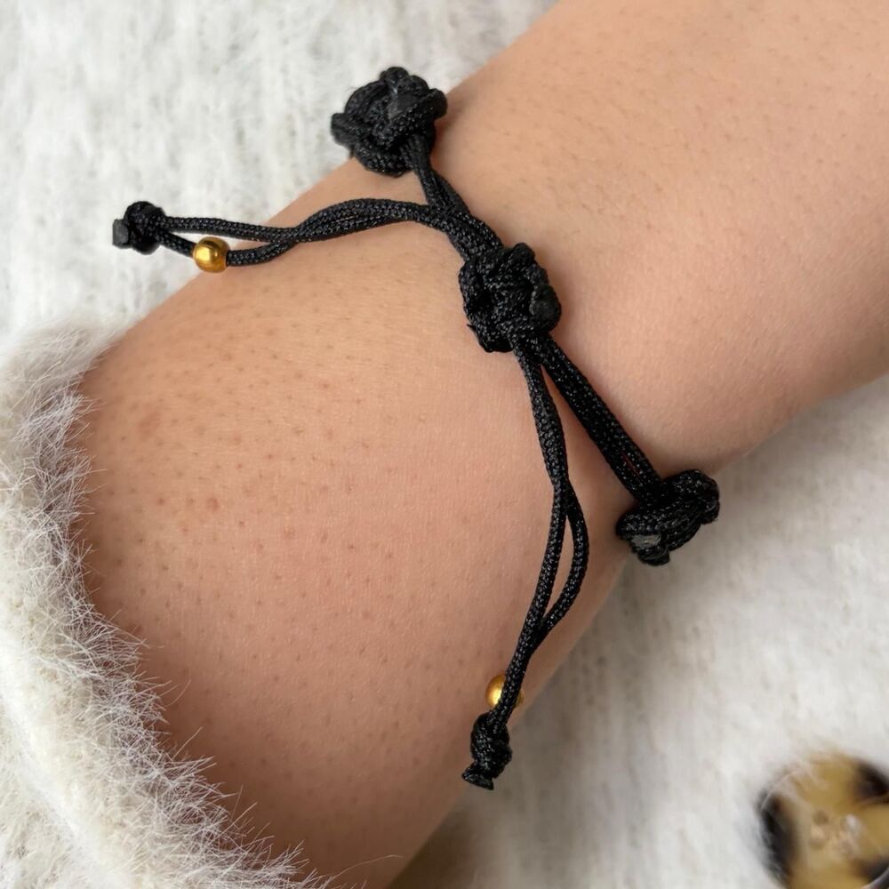 Black Braided Cord Anchor Bracelet Gold Tone Nautical Adjustable Rope - Picture 4 of 8